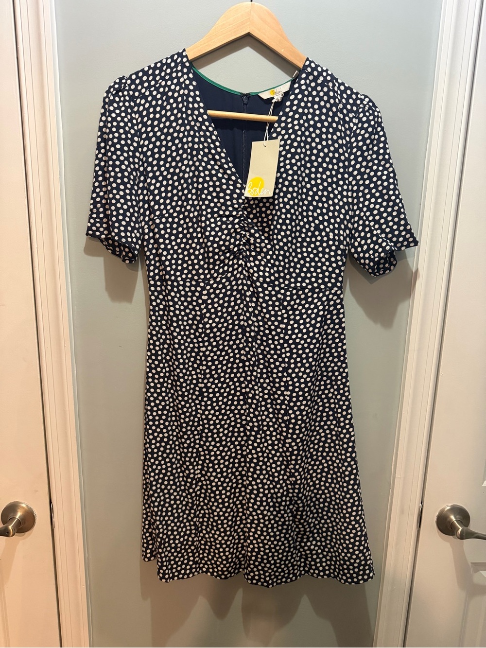 Boden Jemima Ruched Dress Navy Dress with White Polka Dots NWT